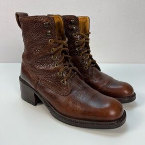 Vintage Y2K COLE HAAN Pebbled Leather Boot Brown Lace Block Heel Grunge Women 9B